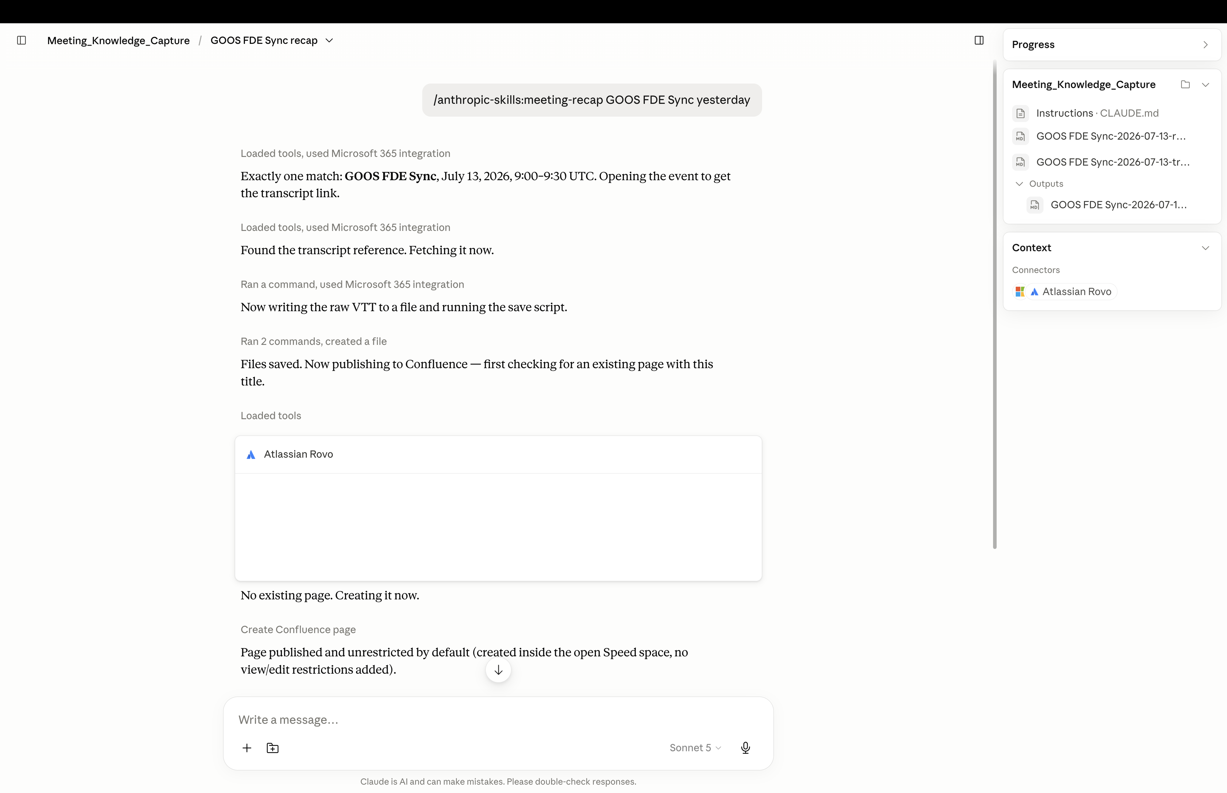 Meeting Knowledge Capture retrieving a Teams transcript and preparing a Confluence recap