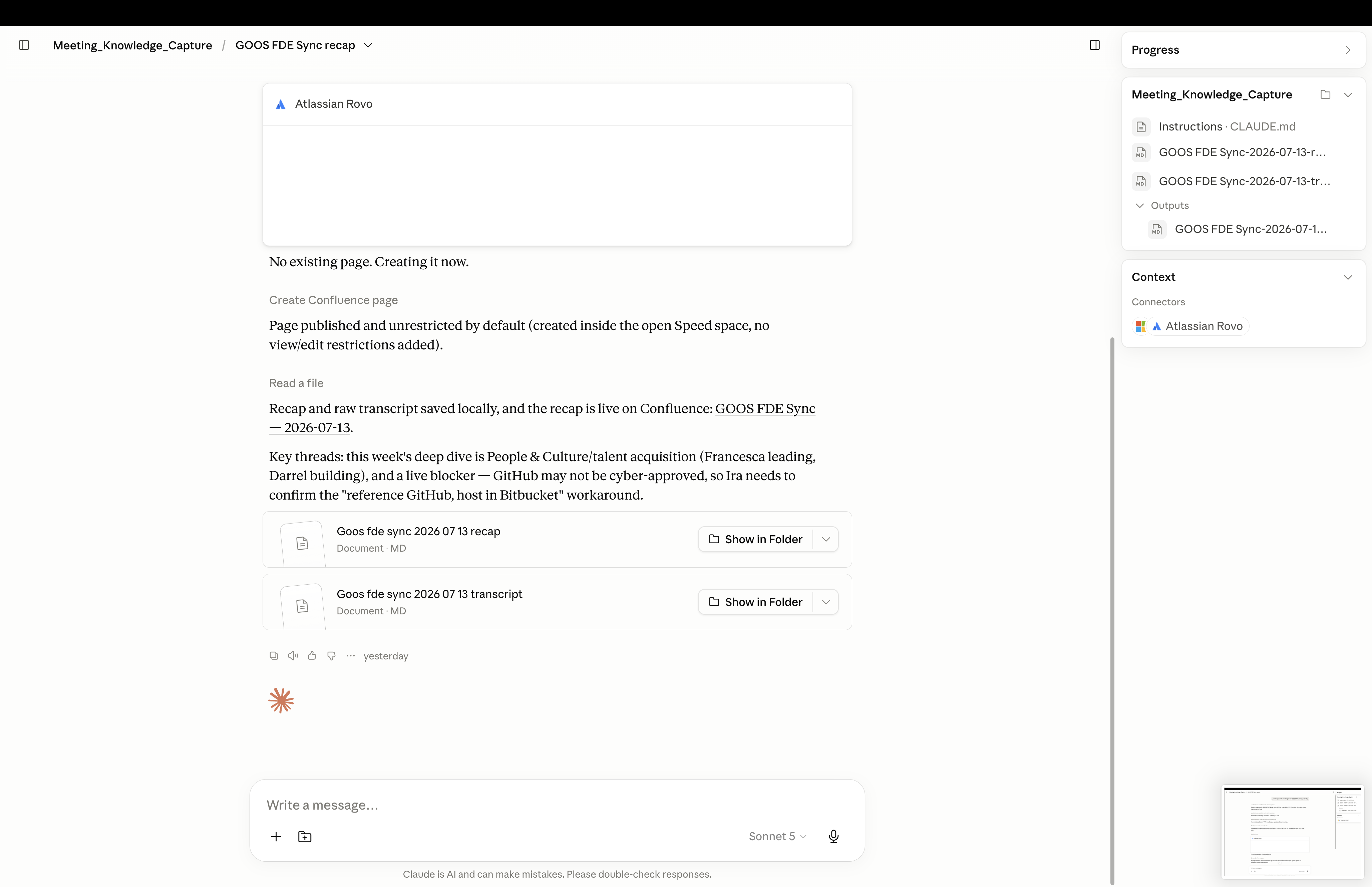 Meeting Knowledge Capture output with a published recap and locally saved transcript