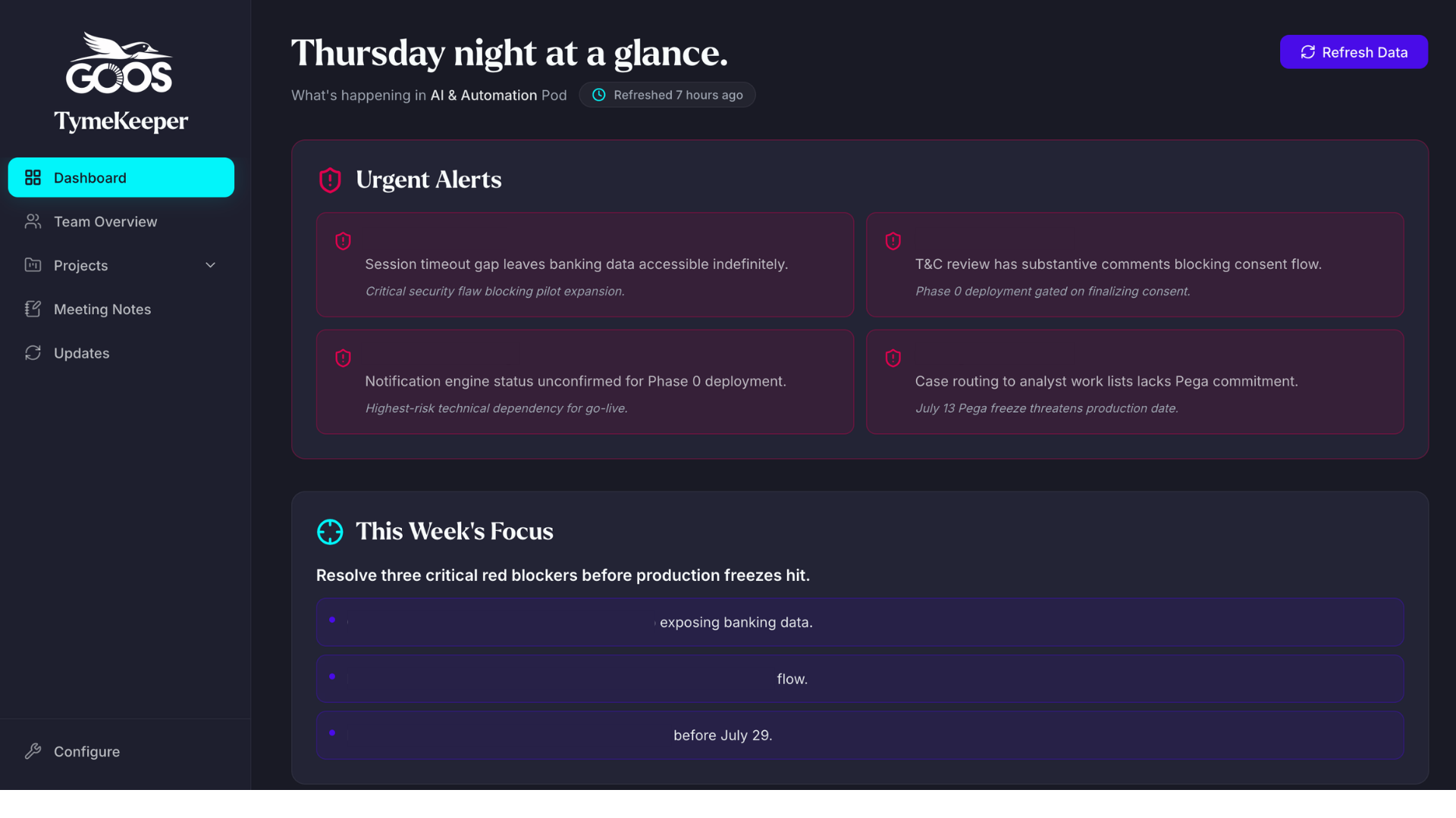 TymeKeeper project-intelligence dashboard showing alerts and weekly focus