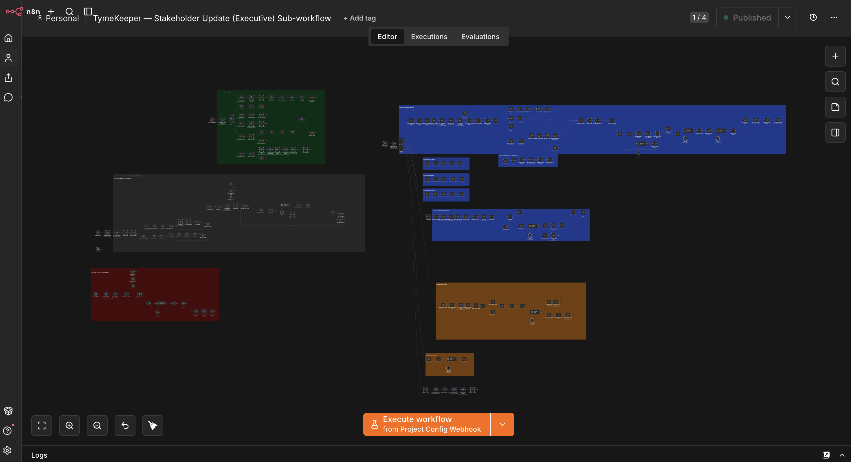 Zoomed-out view of TymeKeeper's production n8n workflows